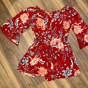 Angie Off-the-Shoulder Floral Romper – Size M – Bell Sleeves, Eyelet Detail